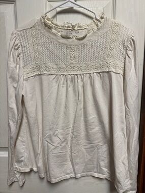 LOFT Cream Crochet Yoke Ruffled Neck Long-Sleeve Top